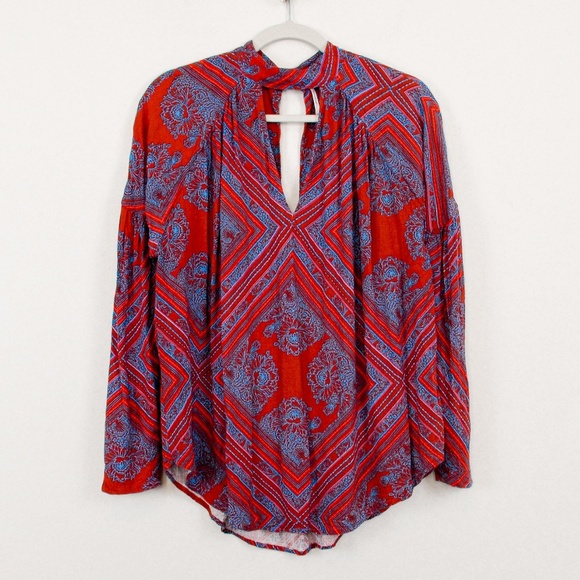 Free People Walking On A Dream Keyhole Long Sleeve Tunic Top Red Blue - Picture 5 of 11